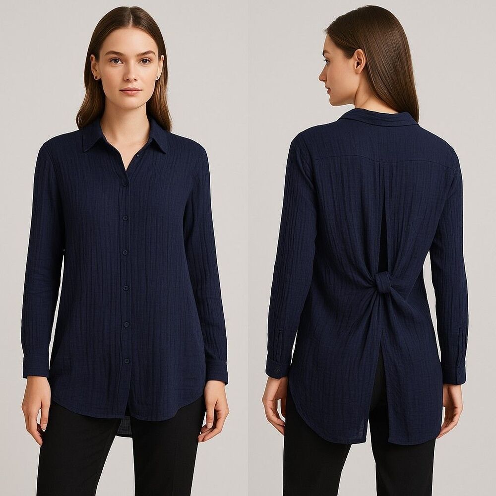 Lefties Navy Blue Long Sleeve Button‎ Front Blouse S Textured Back Tie Shirt